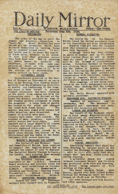 Generalstrejk rapporterad i Daily Mirror (gravyr) av English School