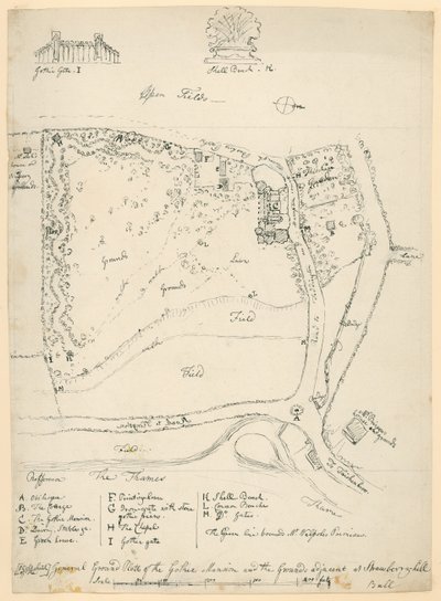 Allmän grundplan för den gotiska herrgården och marken intill Strawberry Hill, Twickenham, London av English School