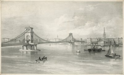 Översikt över Hungerford och Lambeth Suspension Foot Bridge av English School