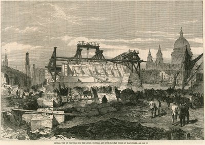 Allmän bild av arbetena för London, Chatham och Dover Railway Bridge i Blackfriars, London av English School