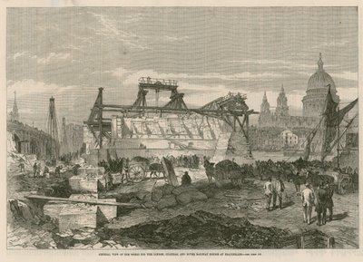 Allmän bild av arbetena för London, Chatham och Dover järnvägsbron vid Blackfriars av English School