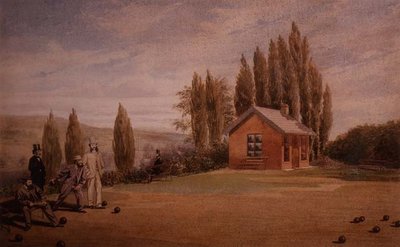 Gentlemen som spelar Lawn Bowls, ca 1880 (akvarell på papper) av English School