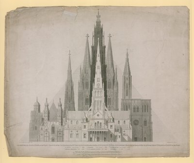 Geometriska höjder av västfronterna av katedralerna i St Pauls, London (före branden) ... och den stora pyramiden i Egypten i en skala av English School