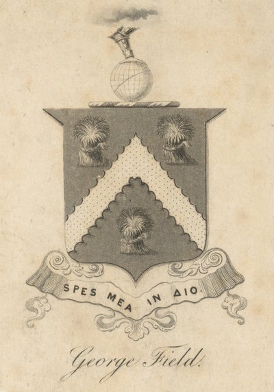 George Field, Armorial bookplate, från "Chromatics, or, An essay on the analogy and harmony of colours", av George Field av English School
