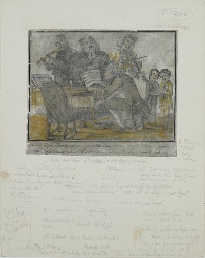 George Frideric Handel, Johann Sebastian Bach, Giuseppe Tartini, Johann Joachim Quantz, Christoph Gluck, Nicolo Jomelli, c.1750 (handkolorerad gravyr) av English School