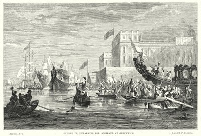 George IV på väg till Skottland i Greenwich (gravyr) av English School