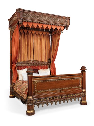George IV halvtestarsäng, ca 1830 (paketförgylld ek och siden) av English School