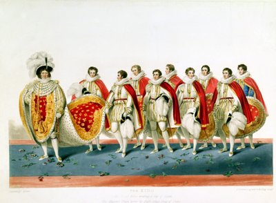 George IV i kröningsdräkt bärande en godsmössa, graverad av E. Scrivenor, från en tallrik av Sir George Naylor av English School