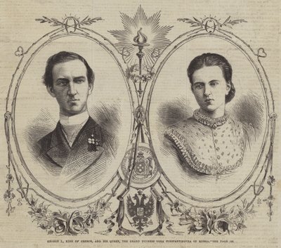George I, kung av Grekland, och hans drottning, storhertiginnan Olga Constantinovna av Ryssland (gravyr) av English School