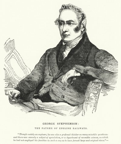 George Stephenson, de engelska järnvägarnas fader (gravyr) av English School
