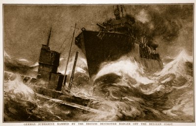 Tysk ubåt rammad av den brittiska jagargrävlingen utanför den belgiska kusten, 1914-19 av English School