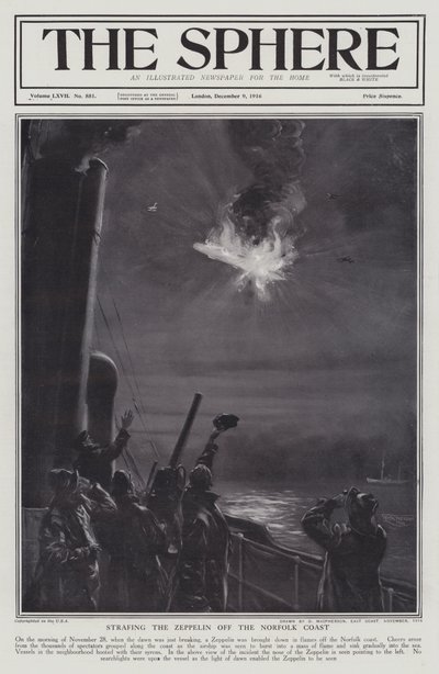 Tyska Zeppelin luftskepp sköts ner i lågor utanför Norfolks kust, första världskriget, 28 november 1916 (litho) av English School
