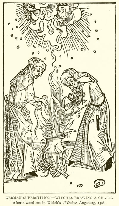 Tysk vidskepelse - Häxor som brygger en charm. Efter ett trähugg i Ulrichs Witches, Augsburg, 1508 av English School