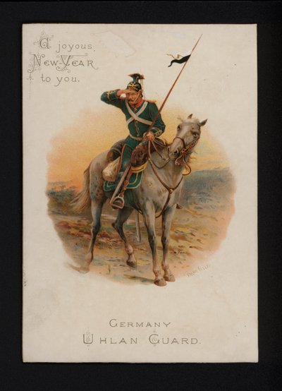 Tysk uhlan, hälsningskort för nyår, sent 1800-tal eller tidigt 1900-tal (chromolitho) av English School