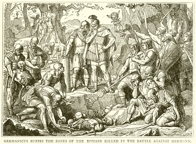 Germanicus begraver benen av den dödade romaren i slaget mot Hermann av English School
