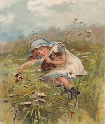 En flicka och en katt sover på ett fält (kromolit) av English School