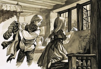 Flicka och pojke tittar ut i snön av English School