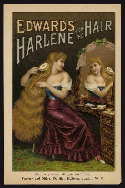 Flicka som borstar hennes långa blonda hår; Edwards Harlene for the Hair (chromolitho) av English School