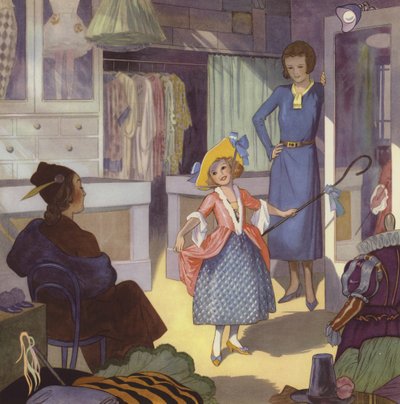 Flicka som klär ut sig till Little Bo Peep (färglitografi) av English School