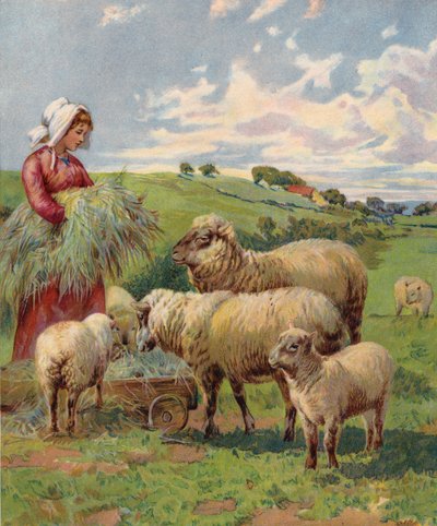 Flicka som matar får (färglitografi) av English School
