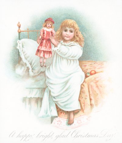 Flicka som går upp ur sängen på julmorgon med present, julkort av English School