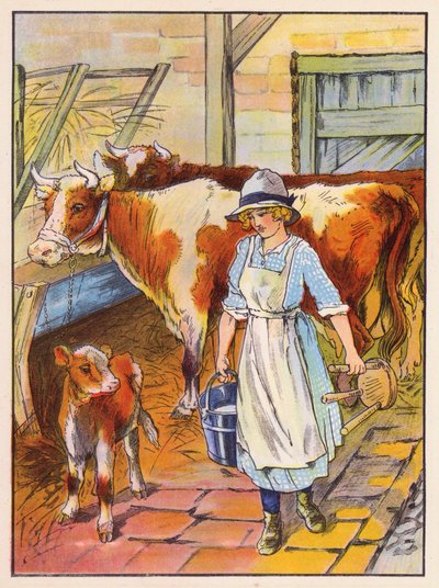 Flicka mjölkar kor (färglitografi) av English School