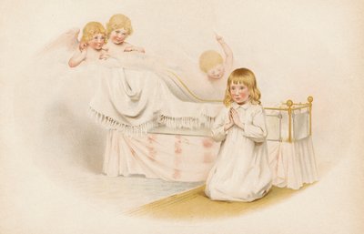 Flicka som ber vid sin säng (chromolitho) av English School