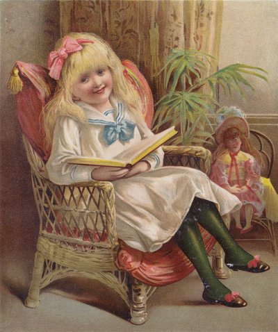 Flicka som läser i en stol (chromolitho) av English School