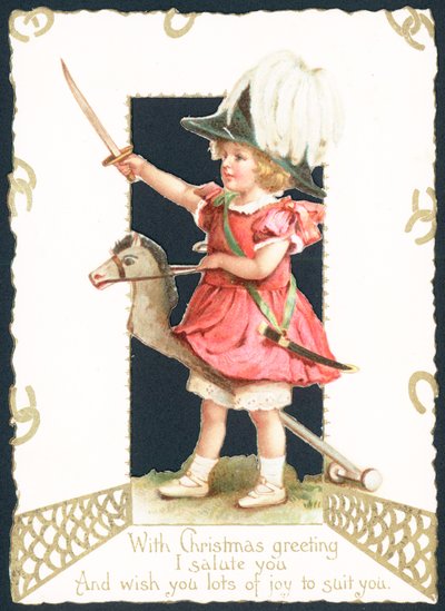 Flicka som rider på hobbyhäst, julkort av English School