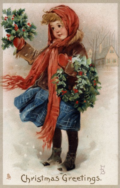 Tjej som säljer järnek och julkransar (chromolitho) av English School