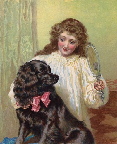 Flicka som visar sin husdjurshund sin reflektion i en spegel (chromolitho) av English School