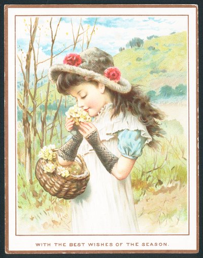 Flicka som luktar blommor från korg, julkort av English School