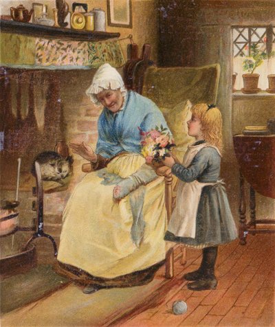 Flicka tar med blommor till sin mormor på hennes födelsedag (kromolit) av English School