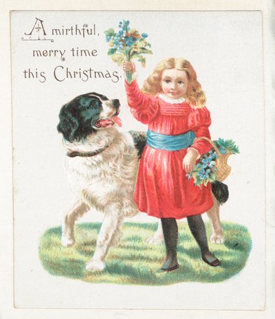 Flicka retar hund med blommor, julkort av English School