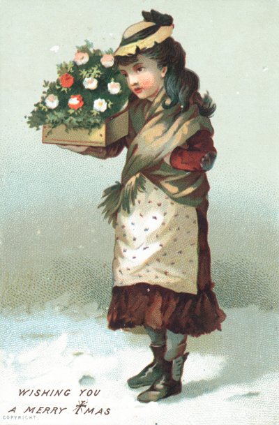 Flicka går i snön bär låda med blommor, julkort av English School