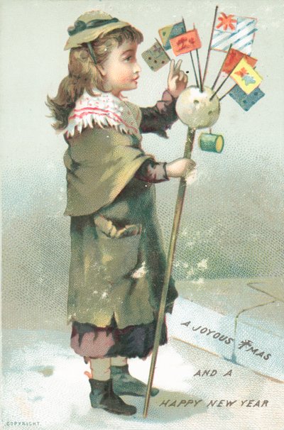 Flicka som viftar med flaggor, julkort av English School