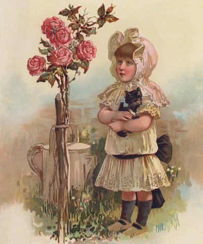 Flicka med katt och rosenträd (chromolitho) av English School
