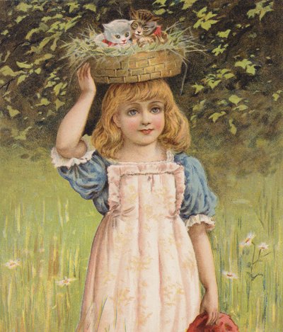 Flicka med lekfulla kattungar i en korg (chromolitho) av English School