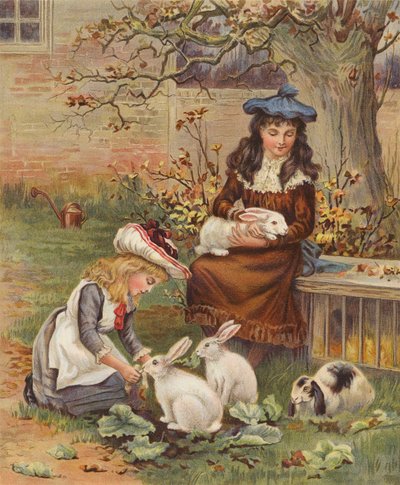Flickor som tar hand om sina kaniner (chromolitho) av English School