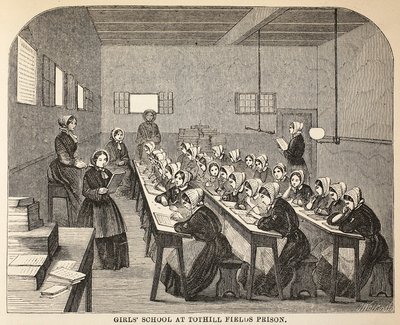 Flickskola på Tothill Fields Prison, illustration från The Criminal Prisons of London och scener från Prison Life av Henry Mayhew och John Binny, pub. 1862 av English School