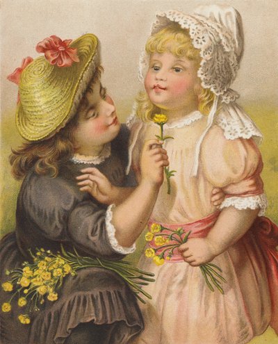 Flickor med smörblommor (chromolitho) av English School