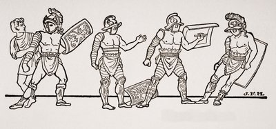 Gladiatorer, från en väggmålning i Pompeji, illustration från The Outline of History av H.G. Wells, Volym I, publicerad 1820 av English School