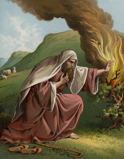 Gud uppenbarar sig för Moses i den brinnande busken (chromolitho) av English School