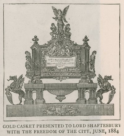 Guldkista överlämnad till Lord Shaftesbury med stadens frihet, juni 1884 av English School