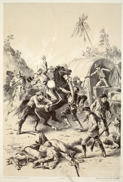Guld eskort attackerad av Bush Rangers, från The History of Australasia av David Blair, McGrady, Thomson och Niven, 1879 av English School