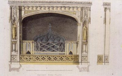 Gotisk eldstad, skylt 149 från Ackermanns Repository of Arts, publicerad 1825 (färg litho) av English School