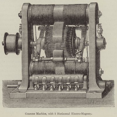 Gramme Machine, med 8 horisontella elektromagneter (gravyr) av English School