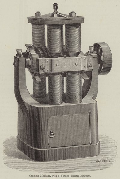 Gramme Machine, med 8 vertikala elektromagneter (gravyr) av English School
