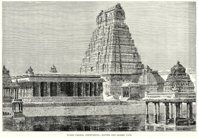 Stora pagoden, Conjeveram; Gopura och helig tank (gravyr) av English School
