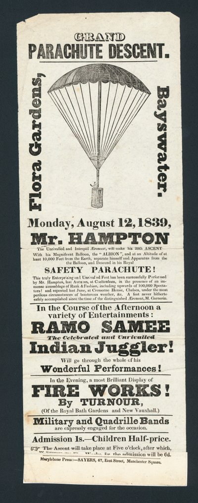 Grand Parachute Descent, Flora Gardens, Bayswater, 12 augusti 1839 av English School